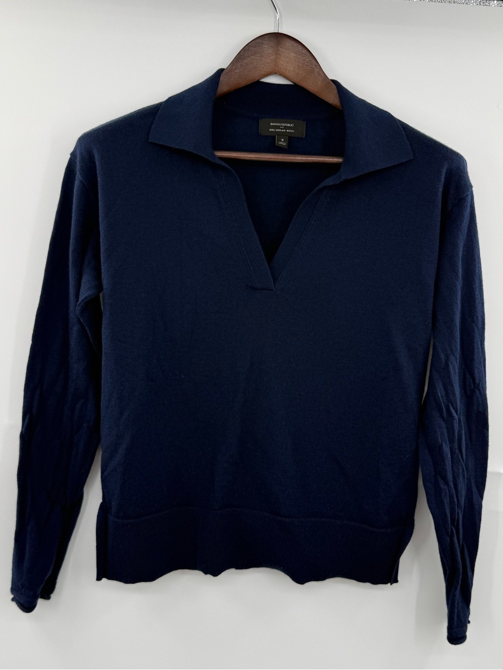 Banana Republic Factory 100% Merino Wool Sweater Womens S Navy  Johnny Collar